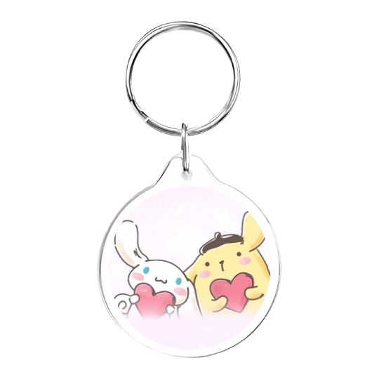 Llavero redondo Pompompurin y Cinammoroll corazón